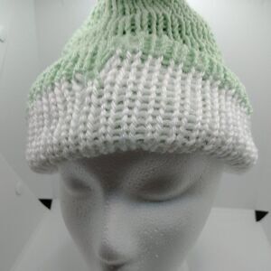 Hand Crafted Knit Unisex Hat Green White Winter Slouchy Warm Beanie Ski Cap